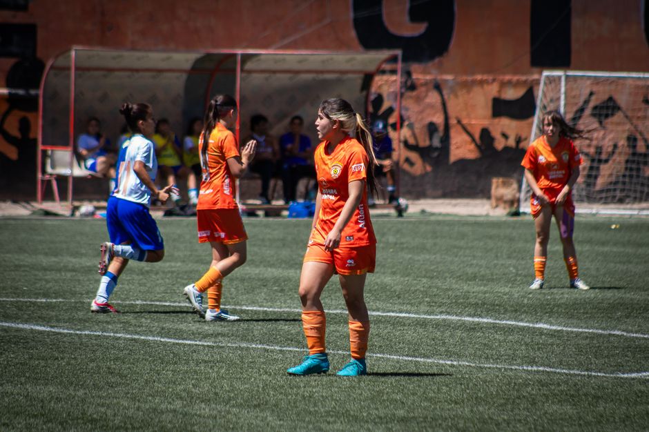 Female soccer players in action during a lively outdoor match, showcasing teamwork and athleticism.
