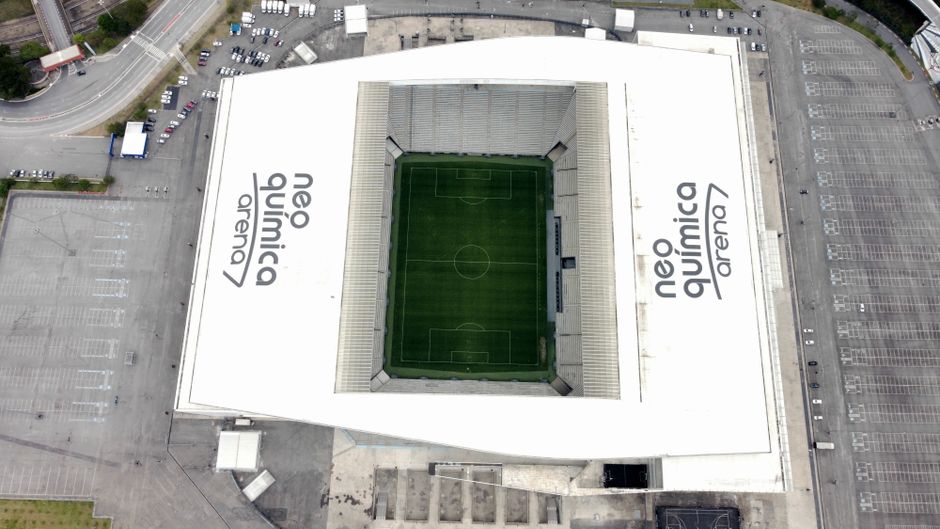 Drone shot capturing the iconic Neo Química Arena stadium in São Paulo, Brazil.