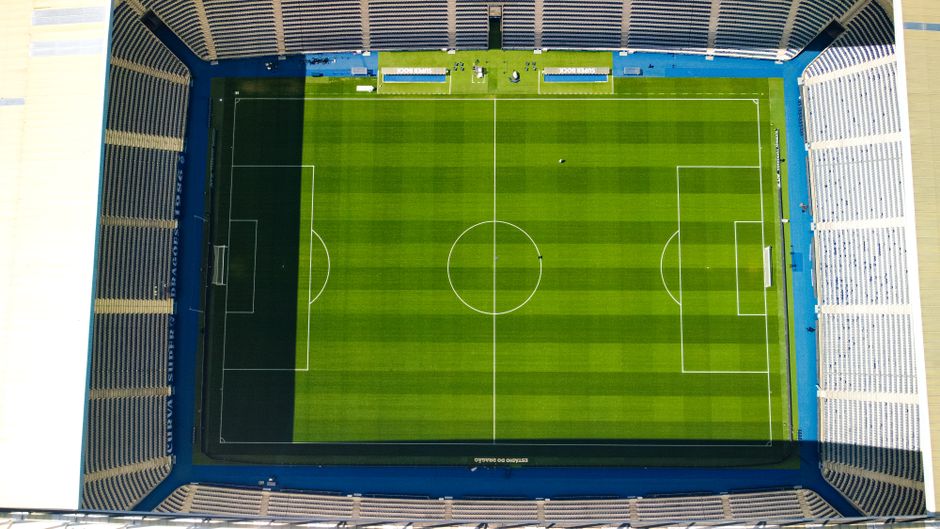 Aerial shot of Estádio do Dragão's green pitch, showcasing its expansive seating and iconic design.